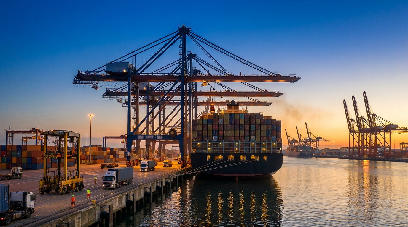 Container shipping terminal at dusk with gantry cranes loading a vessel