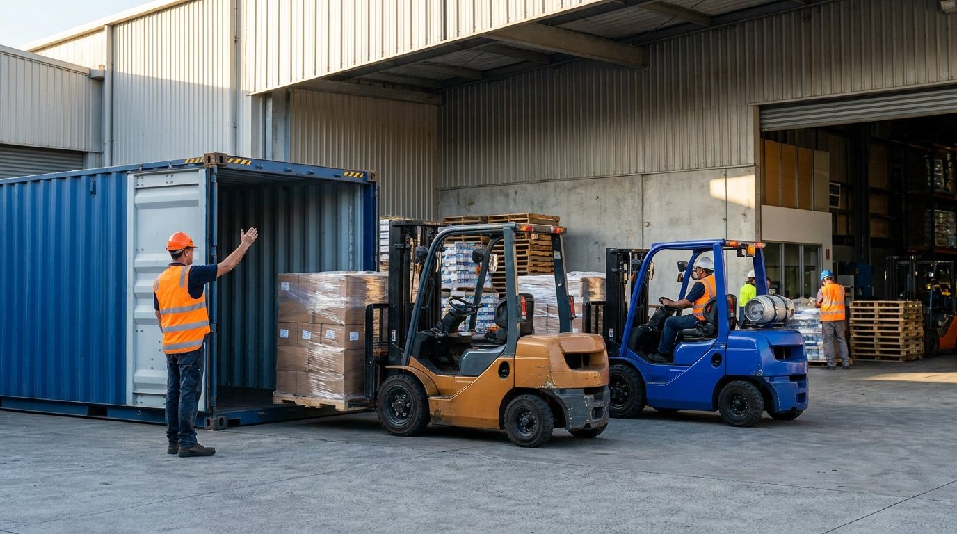 Worker overseeing forklifts loading pallets into a shipping container