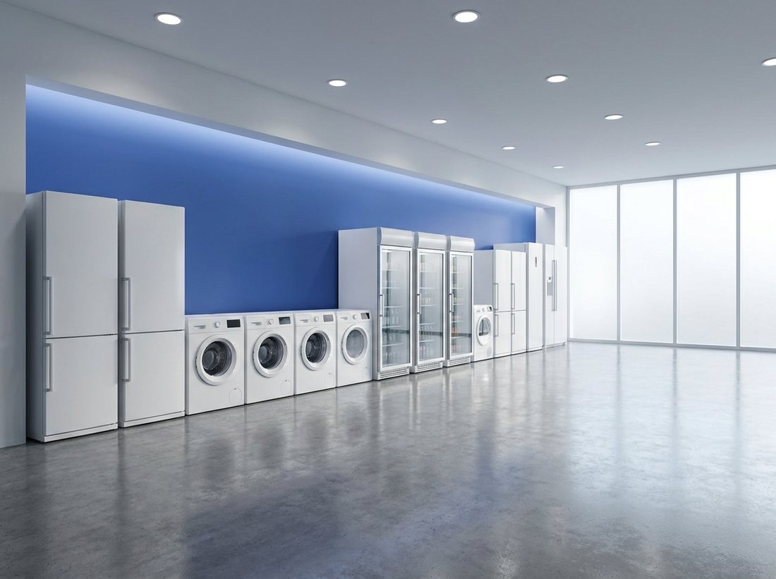 Row of white refrigerators, washing machines and display coolers in a showroom