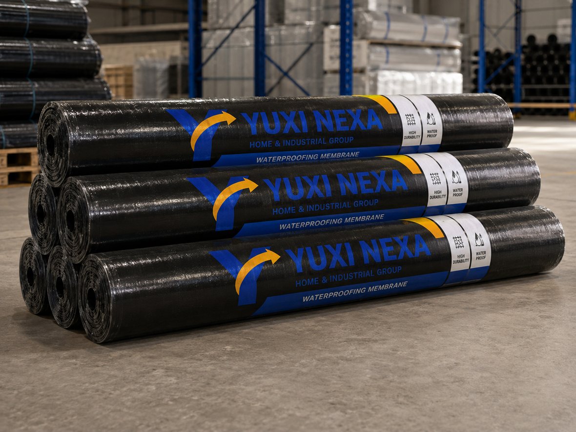 Warehouse with stacked rolls of construction membrane ready for export